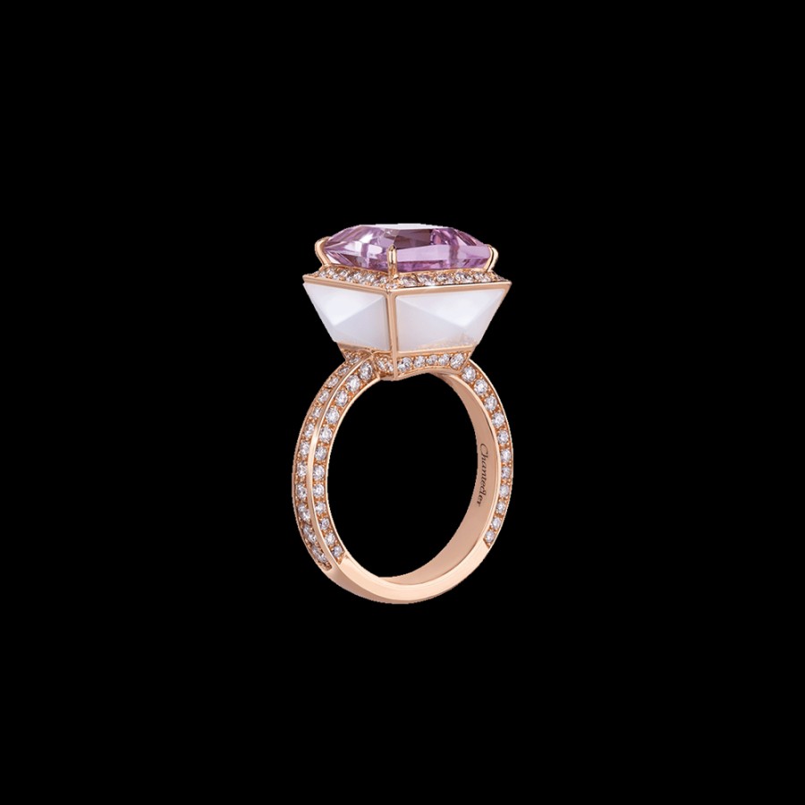 Jewelry Chantecler | Anello Piazzetta In Oro Rosa 18Kt Con Centro In Kunzite E Cuspidi In Diamanti E Agata Milky Cod.41179