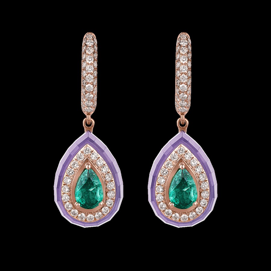 Jewelry Chantecler | Orecchini Joyful In Oro Rosa 18Kt, Diamanti, Smeraldi E Giada Lavanda Cod.41637