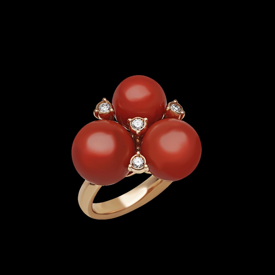 Jewelry Chantecler | Anello Cherie In Oro Rosa 18Kt, Diamanti E Corallo Rosso Cod.42394