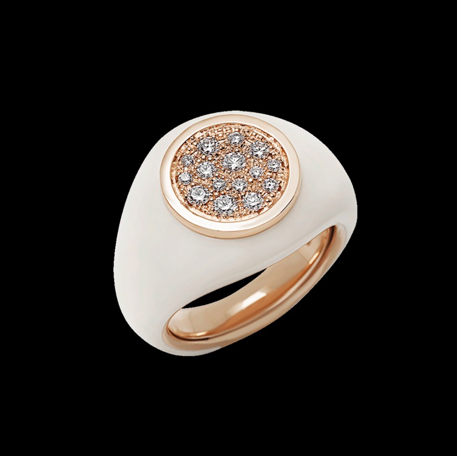 Jewelry Chantecler | Anello Paillettes Sygillum In Oro Rosa 18Kt, Pave Di Diamanti E Smalto Bianco Cod.42705