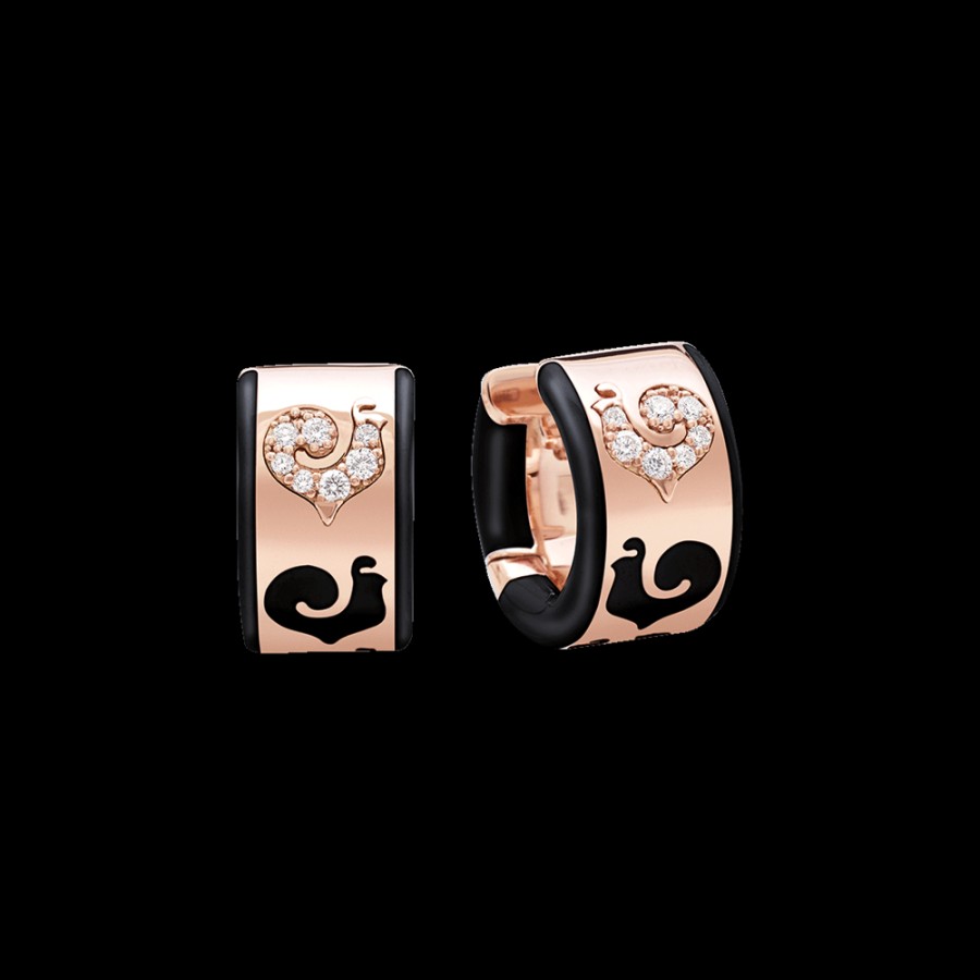 Jewelry Chantecler | Orecchini A Cerchietto Carousel In Oro Rosa 18Kt, Galli In Pave Di Diamanti E Smalto Nero Cod.41312